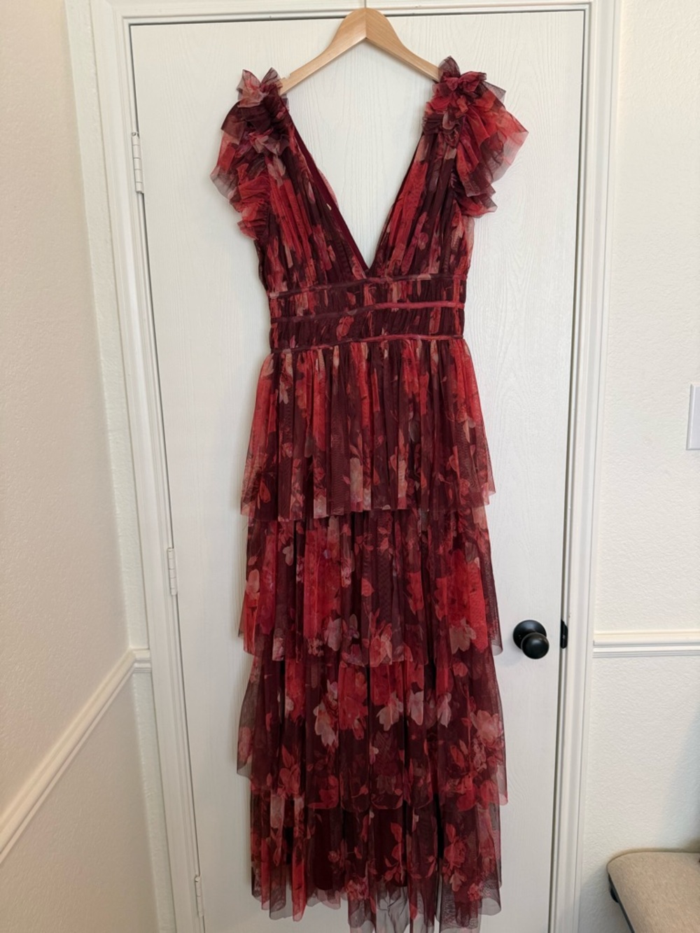 ASOS Lace & Beads Ruffle Shoulder Tiered Maxi Dress in Deep Rose US 8 - Picture 7 of 15
